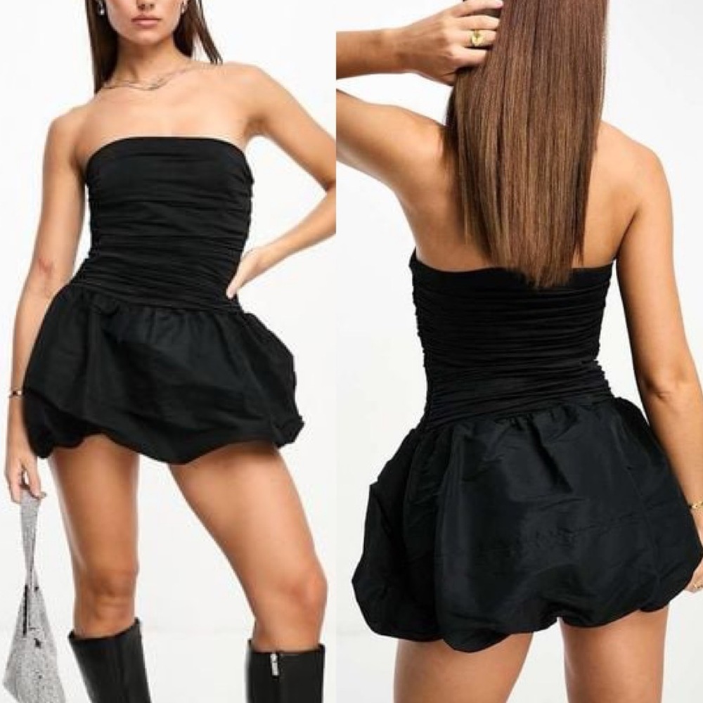Mango MNG Puffball Balloon Draped Bandeau Strapless Mini Dress Black US 6